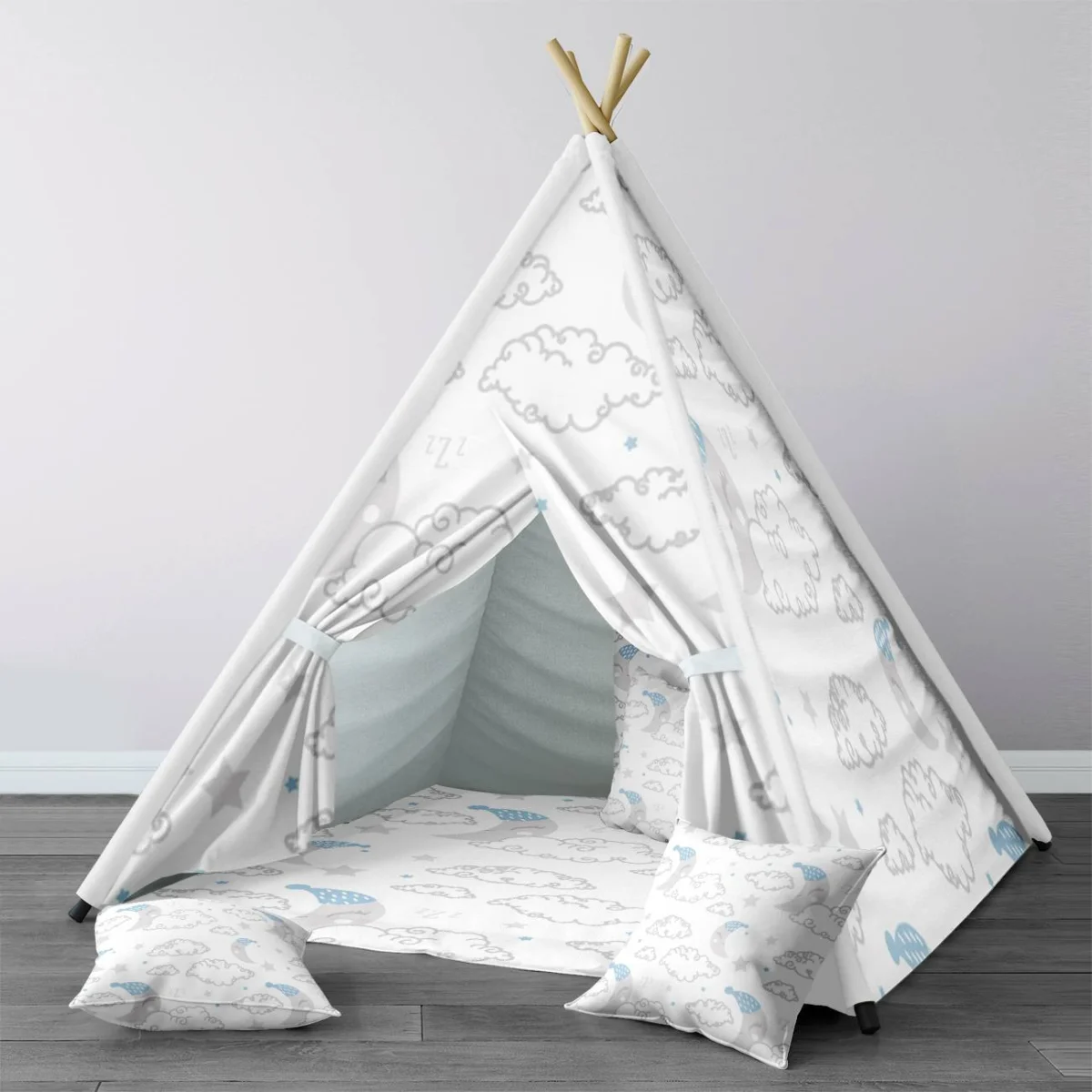 Uyku Temalı Ay ve Bulutlar Çadır Evi | Beyaz uyuyan ay, bulutlar Desenli