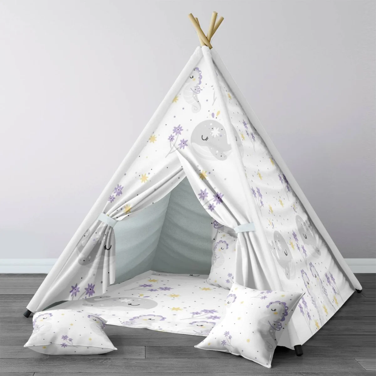 Deniz hayvanları Çadır Evi | Beyaz yıldız, çiçek Desenli