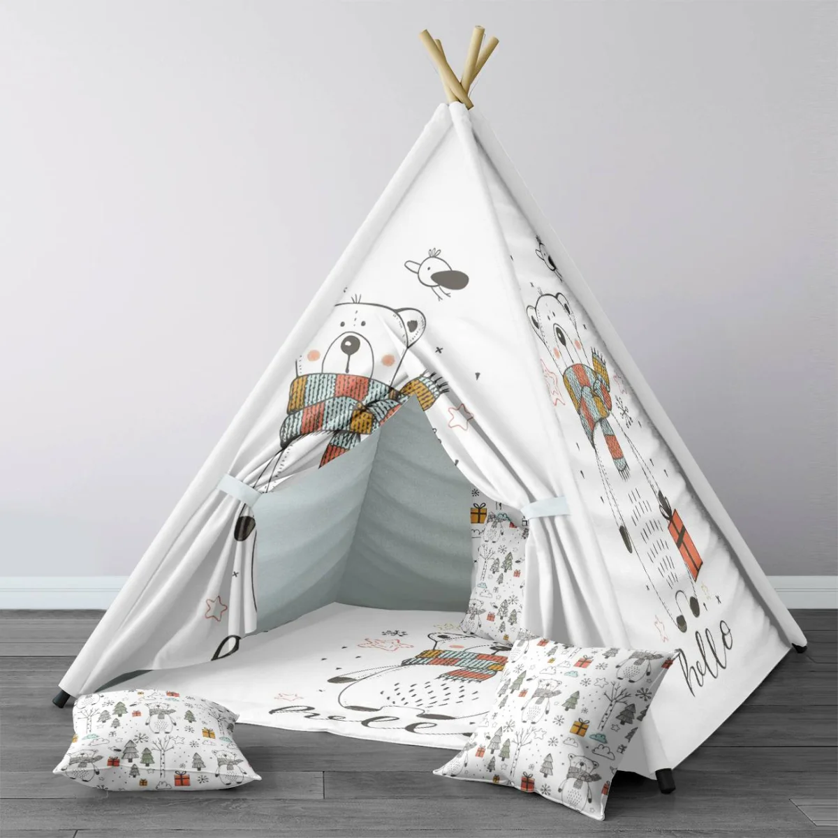 Kutup Ayısı Çadır Evi | Beyaz çam ağaçları, kar taneleri Desenli