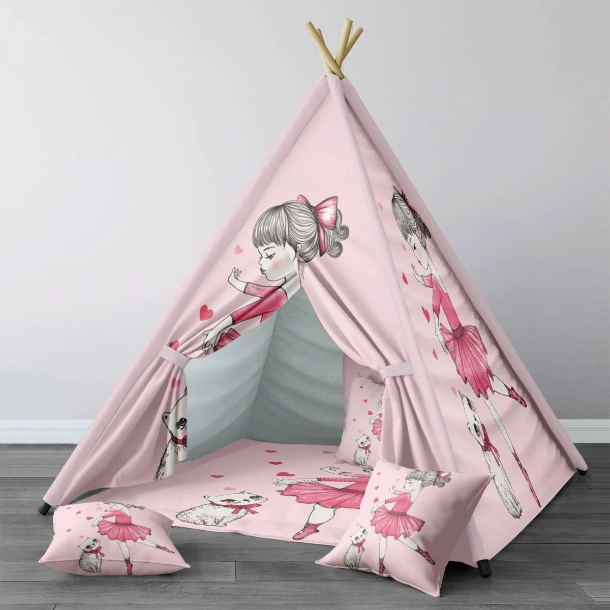 Balerin ve Kedi Çadır Evi | Pembe kalpler Desenli