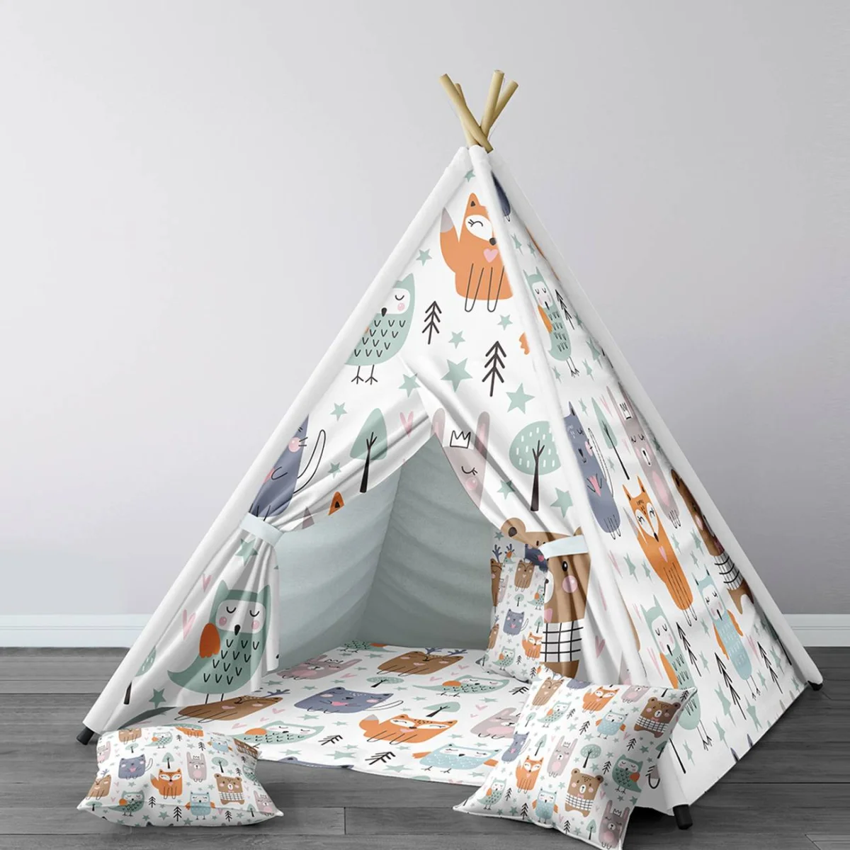 Orman Hayvanları Çadır Evi | Beyaz yıldız, ağaç Desenli