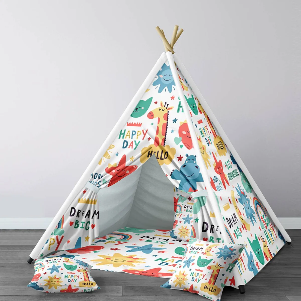 Sevimli Karakterler ve Doğa Öğeleri Çadır Evi | Beyaz yıldız, bulut Desenli