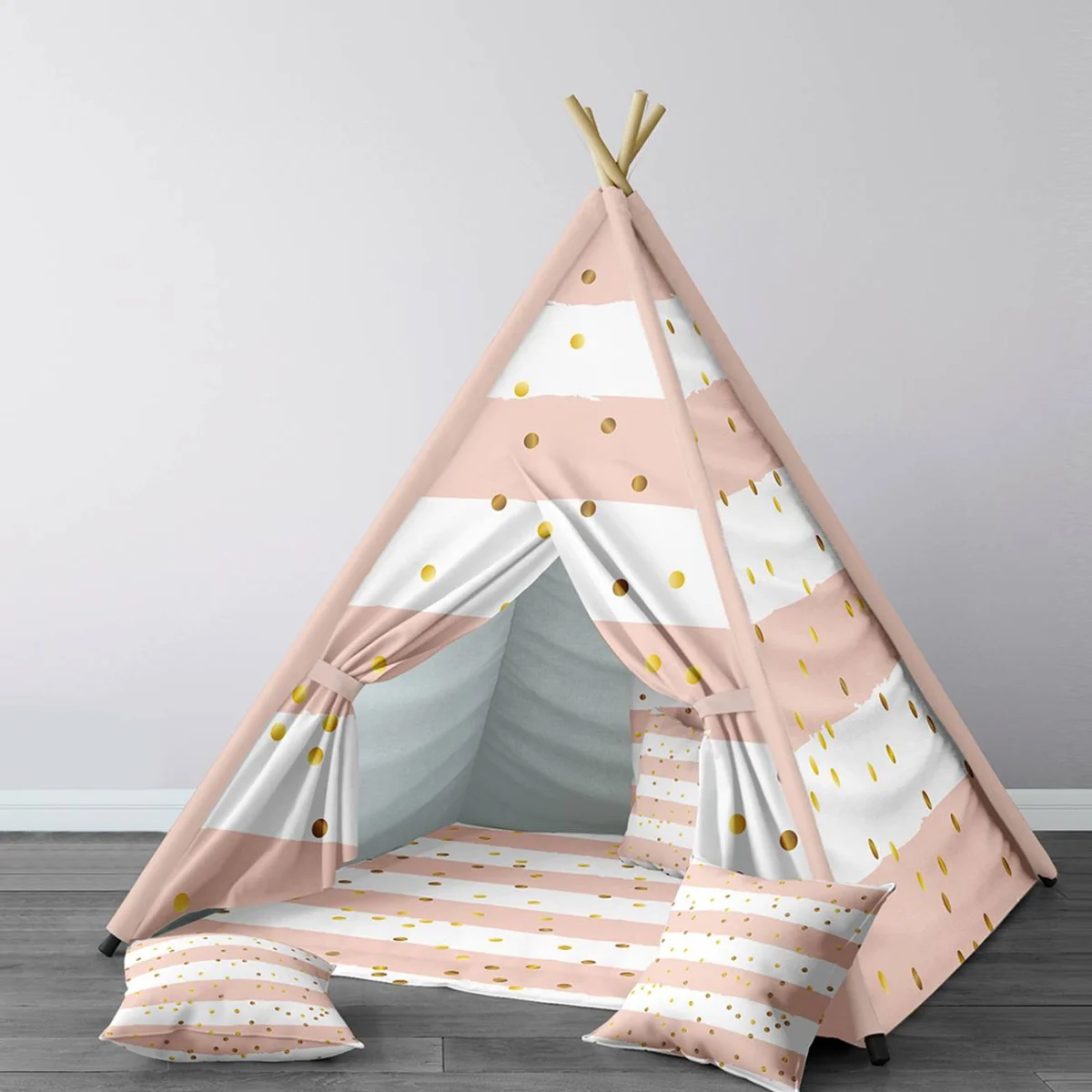Soyut Desen Çadır Evi | Pembe Yatay şeritler ve altın puantiyeler Desenli