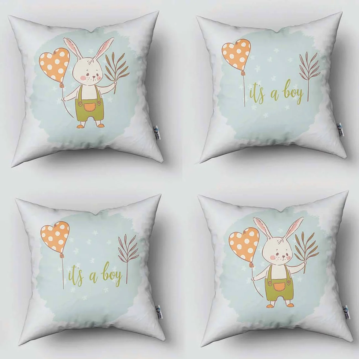 Tavşan 4lü Kırlent | Beyaz Kalpli balon, yapraklar Desenli