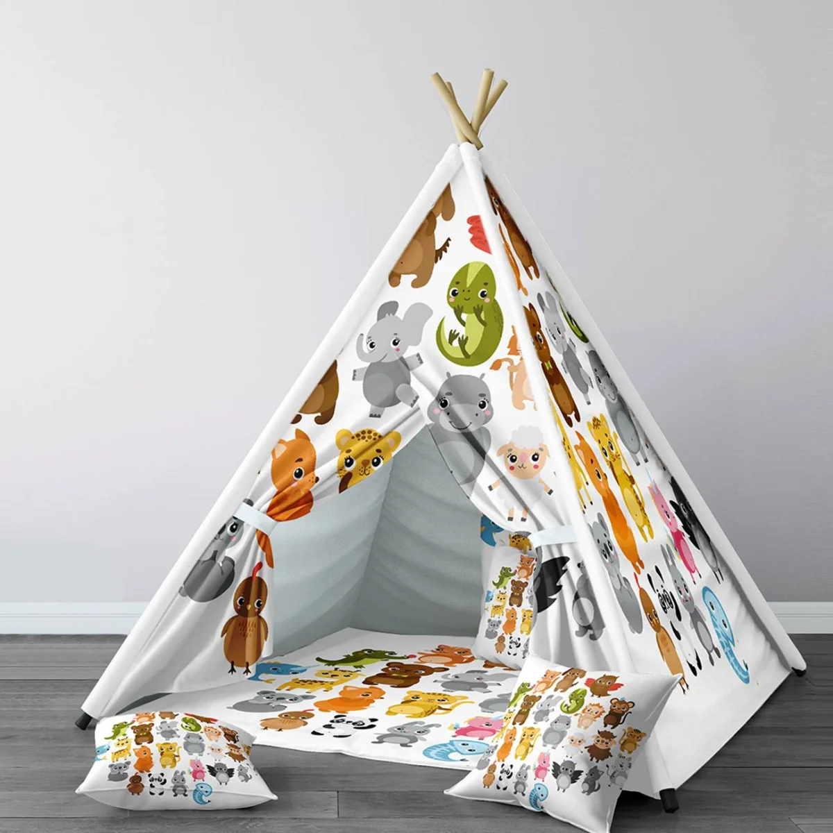 Orman Hayvanları Çadır Evi | Beyaz Çoklu sevimli hayvan figürleri Desenli