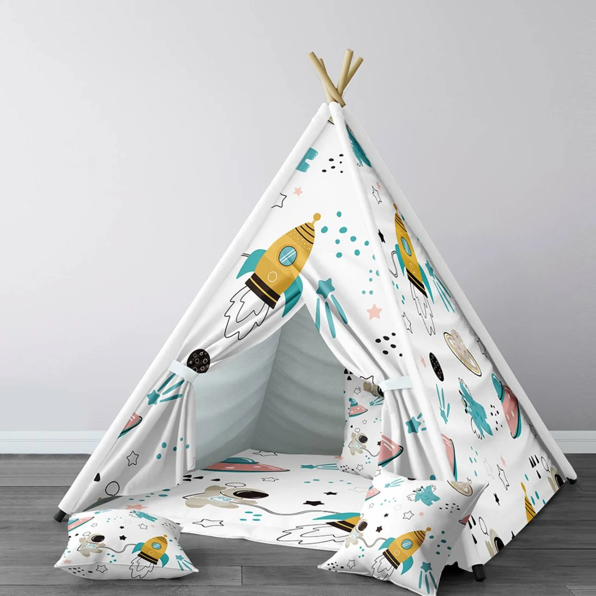 Uzay Çadır Evi | Beyaz roket, astronot Desenli