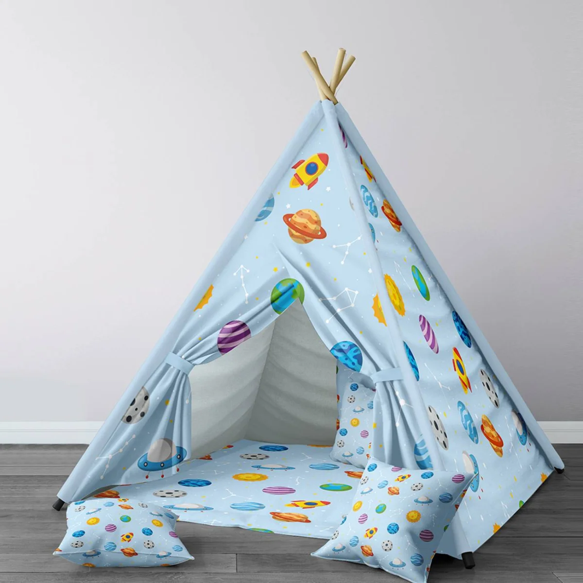 Uzay Çadır Evi | Mavi gezegenler, roketler Desenli
