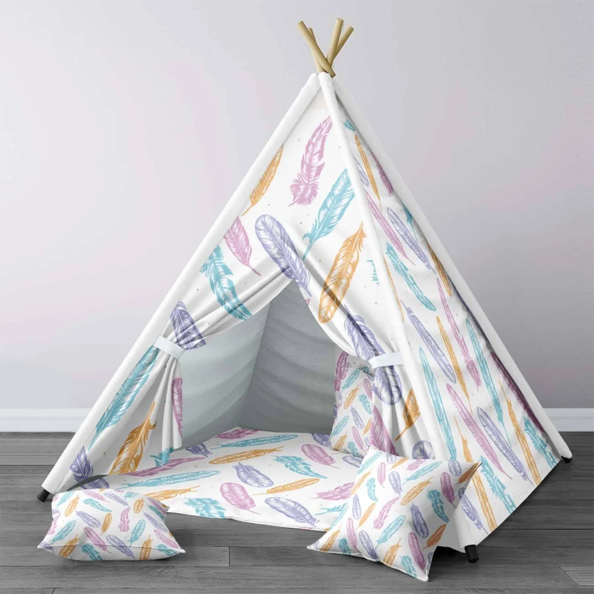 Tüy Çadır Evi | Beyaz renkli tüyler, mor Desenli