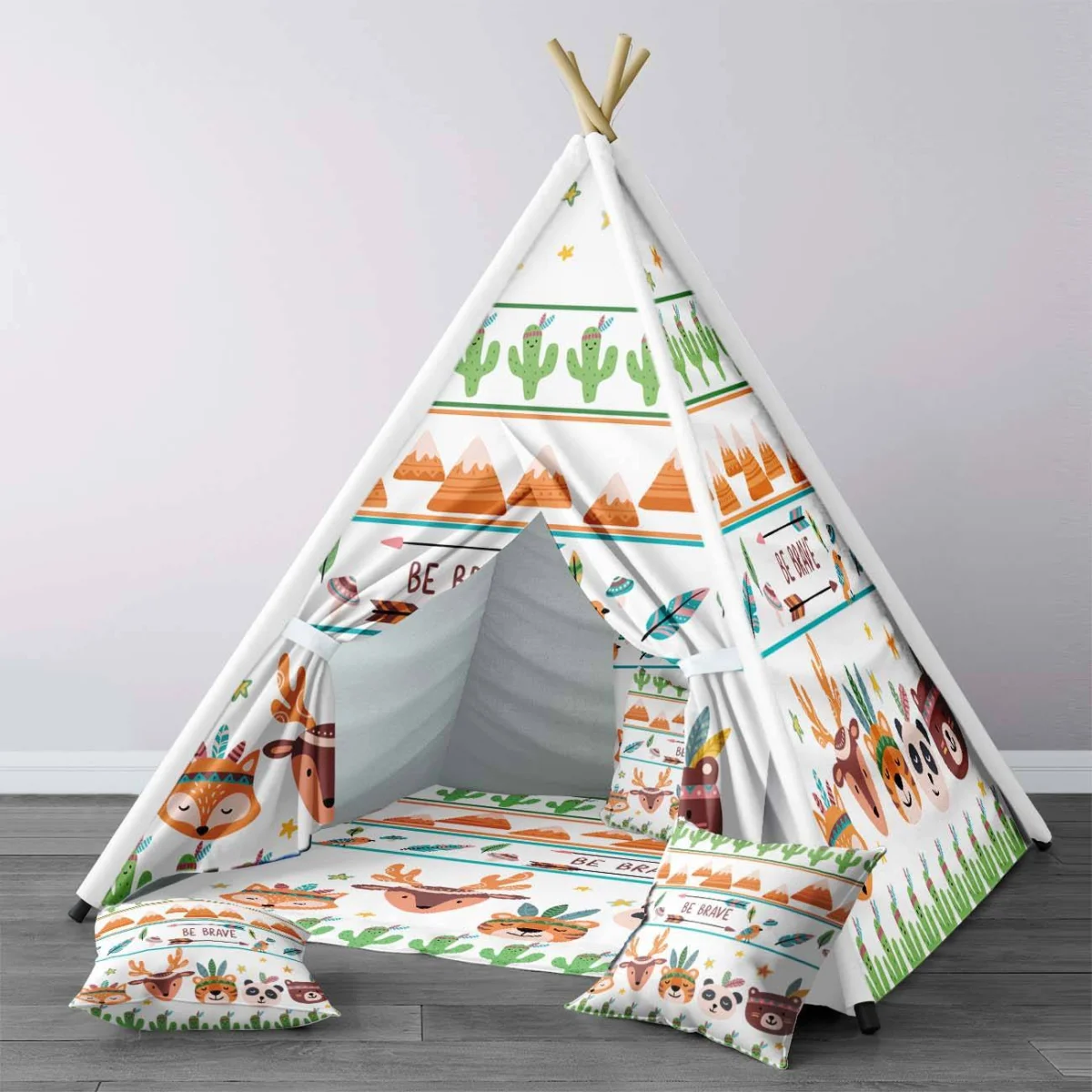 Orman Hayvanları Çadır Evi | Beyaz tüyler, kaktüsler Desenli