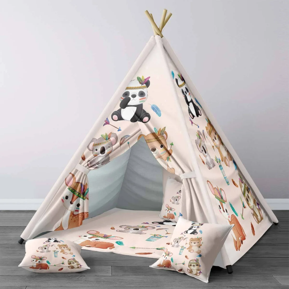 Boho Temalı Hayvanlar Çadır Evi | Krem Tüyler, oklar Desenli