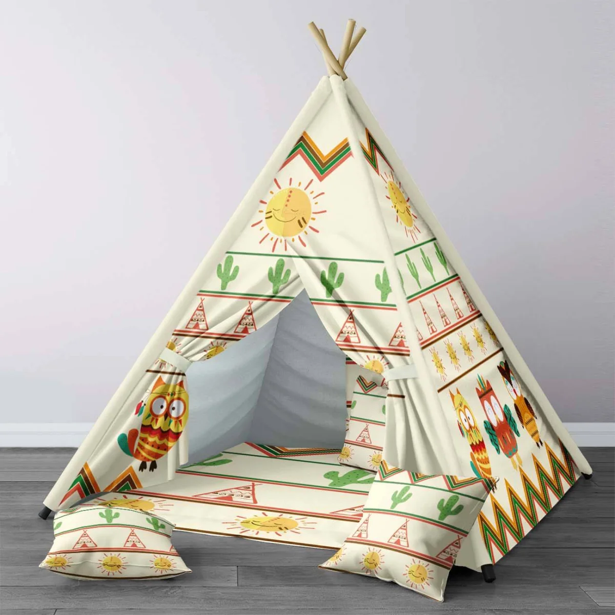 Baykuş, Kızılderili Temalı Çadır Evi | Krem geometrik desenler, güneş Desenli