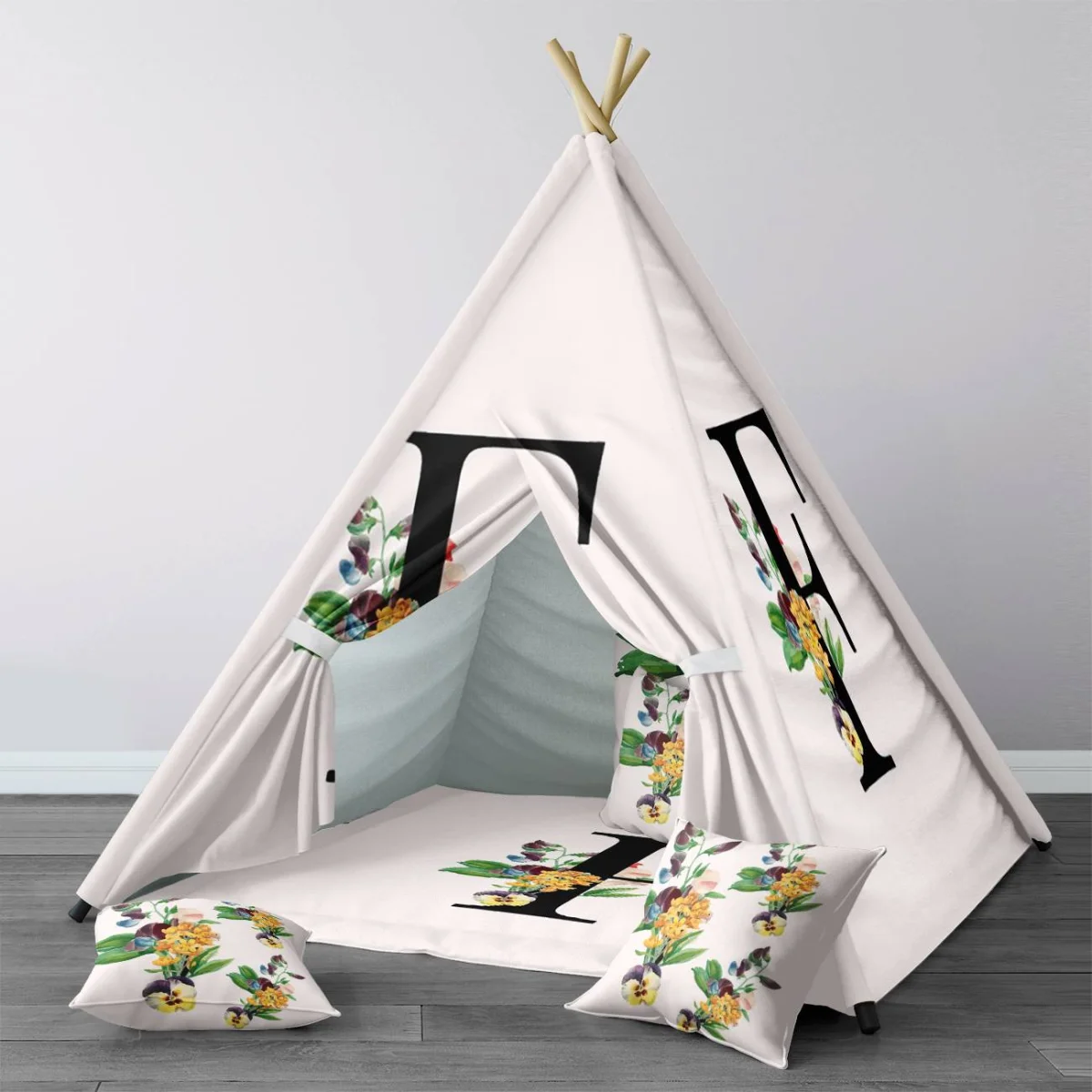 Çiçekli Harf Çadır Evi | Beyaz siyah F harfi, rengarenk çiçekler Desenli