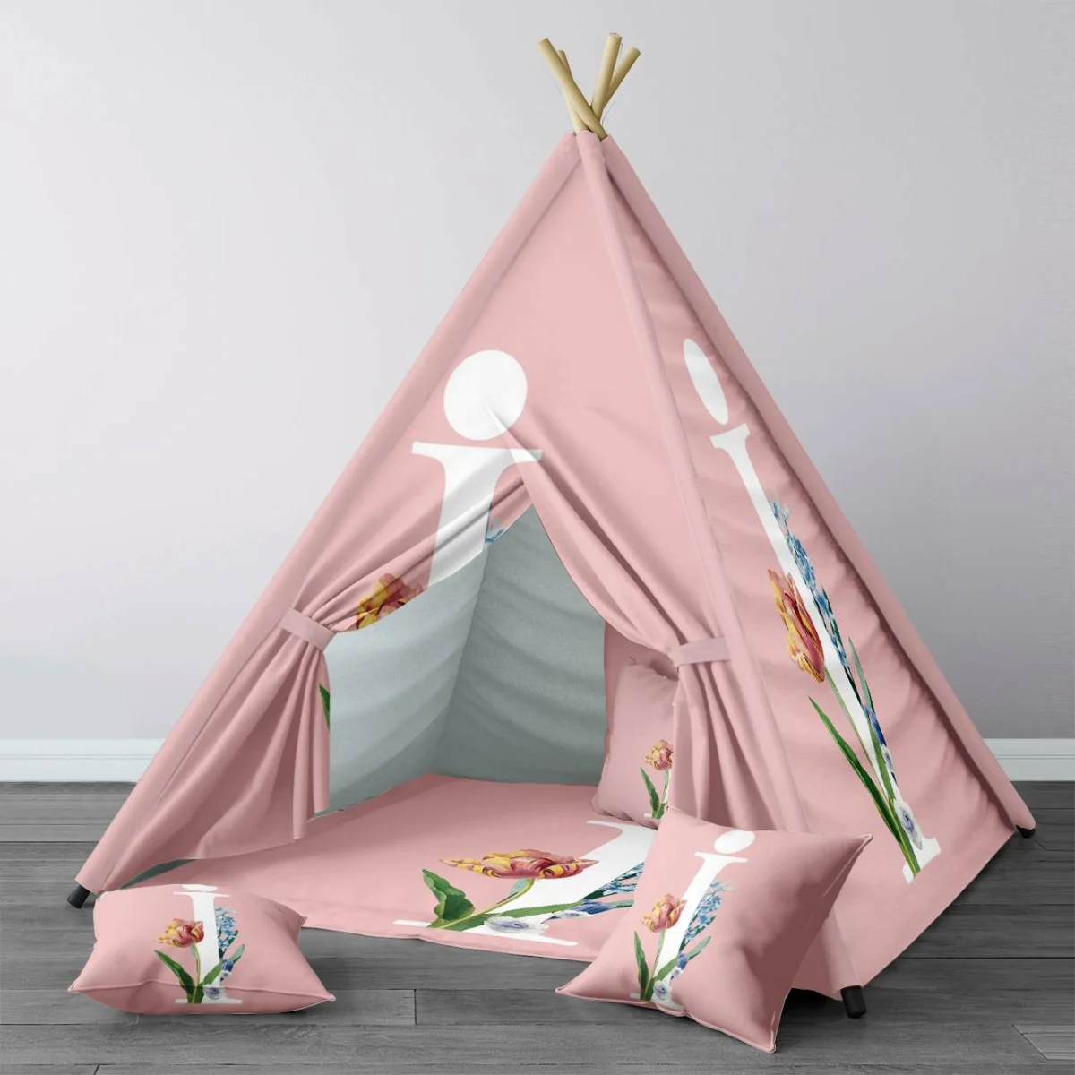 Çiçekli Harf Çadır Evi | Pembe lale, sümbül ve çeşitli çiçekler Desenli