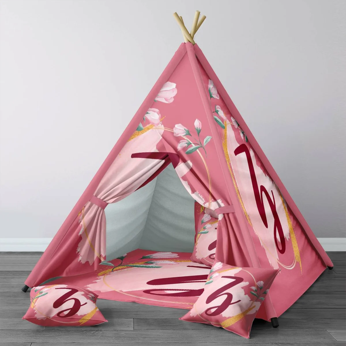 Kişiselleştirilmiş harf ve çiçekler Çadır Evi | Pembe Altın ışıltı, suluboya fırça darbesi Desenli