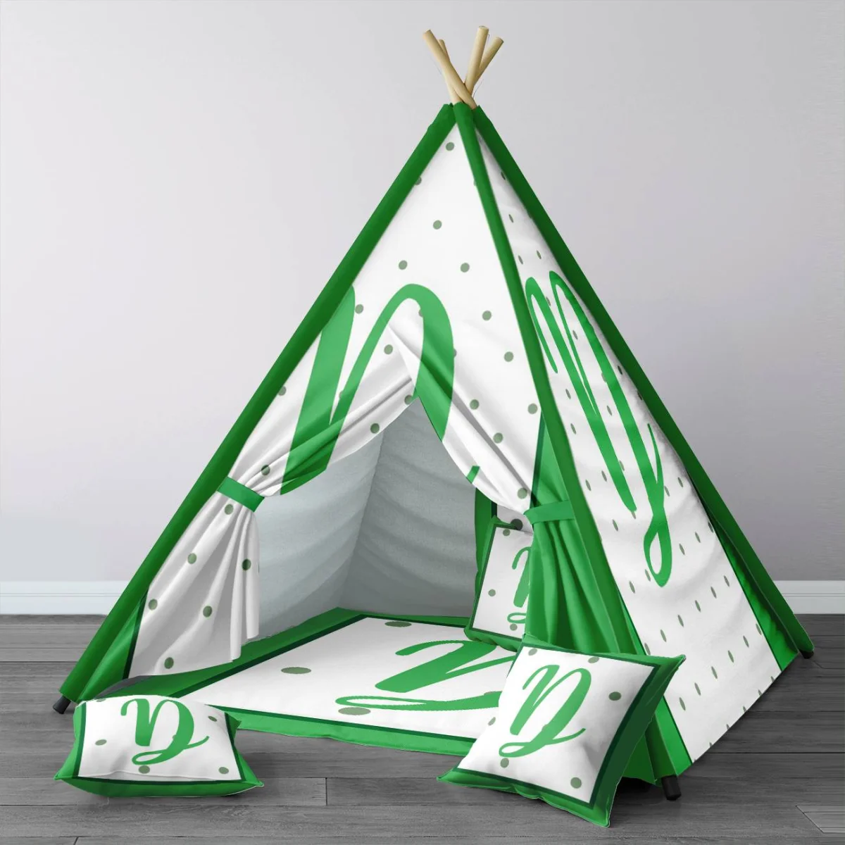 Monogram Çadır Evi | Beyaz yeşil puantiyeler, büyük yeşil harf Desenli