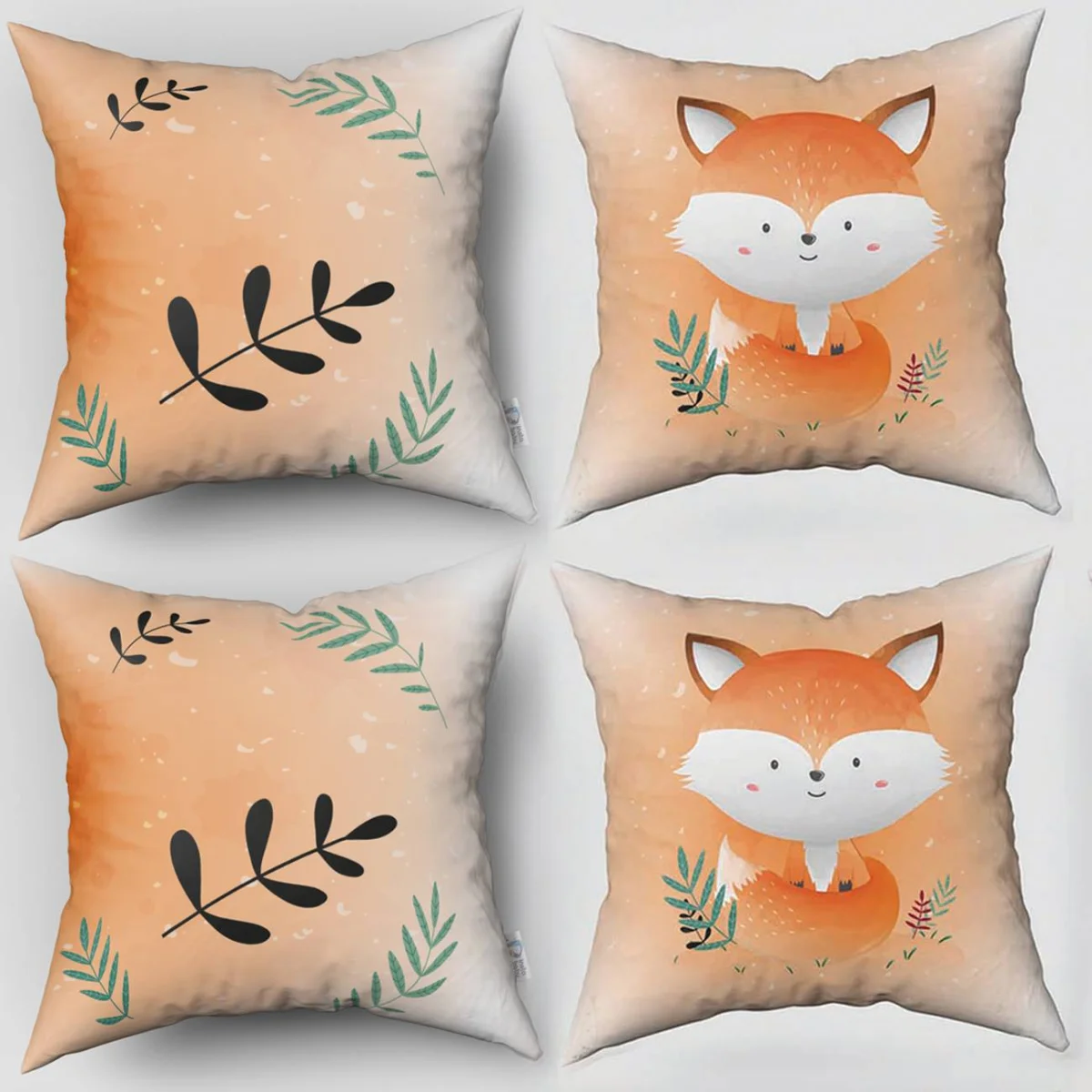 Tilki 4lü Kırlent | Turuncu yeşil yapraklar, beyaz benekler Desenli