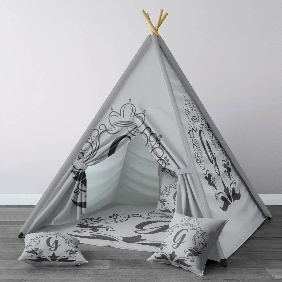 Monogram G Çadır Evi | Gri Taç, süslemeli çerçeve Desenli