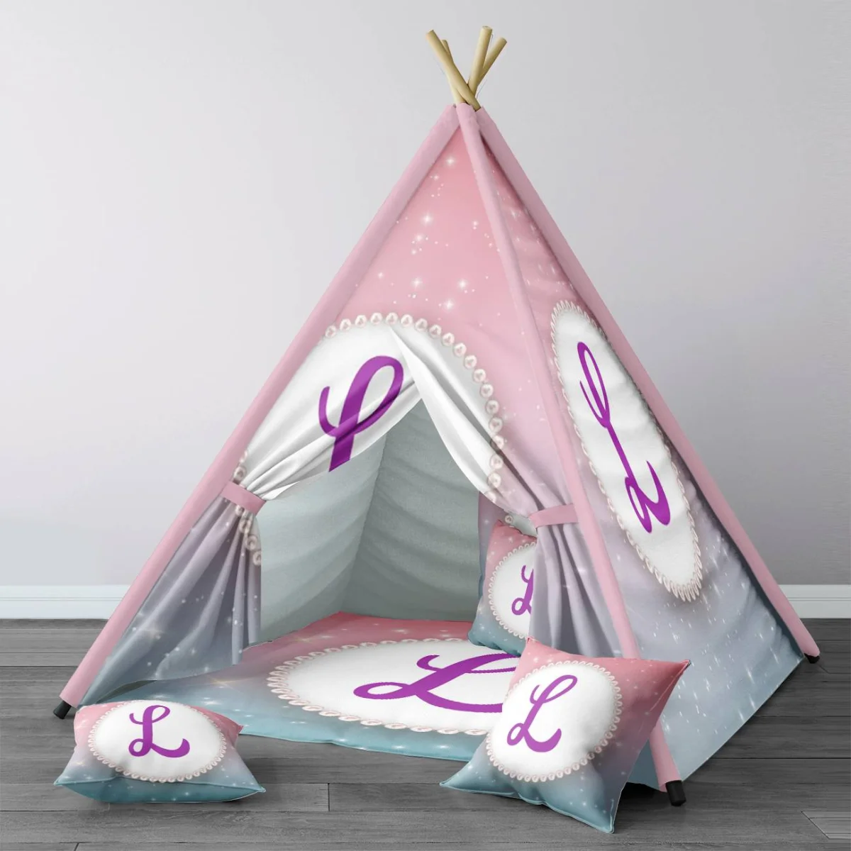 Kişiye Özel Harf Çadır Evi | Pembe yıldız, parıltı Desenli