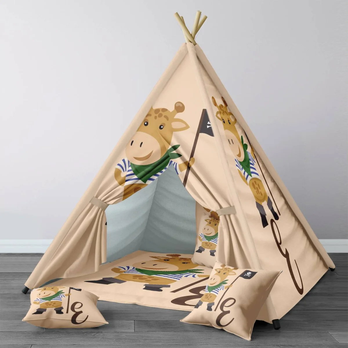 Korsan Zürafa Çadır Evi | Bej korsan kıyafetli zürafa, korsan bayrağı Desenli