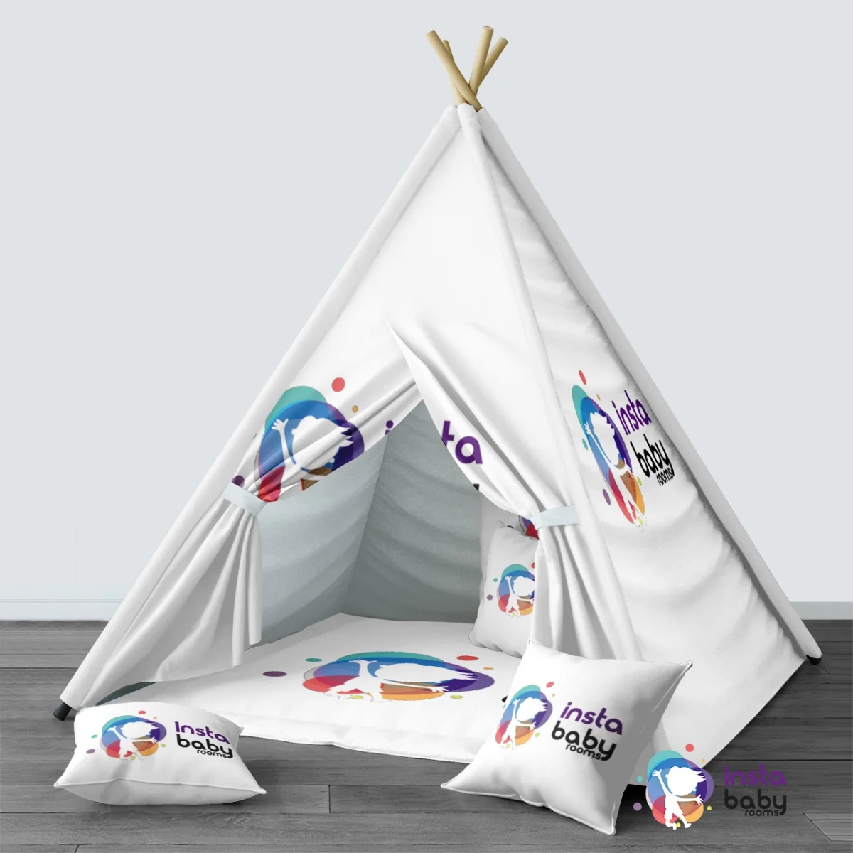 Bebek silüeti Çadır Evi | Beyaz Soyut renkli şekiller, noktalar Desenli