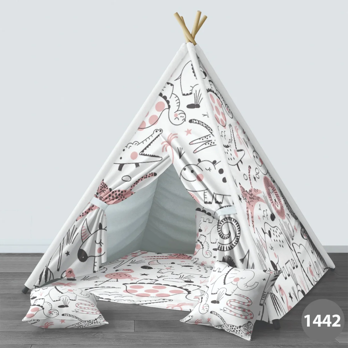 Orman Hayvanları Çadır Evi | Beyaz yıldız, bitki Desenli