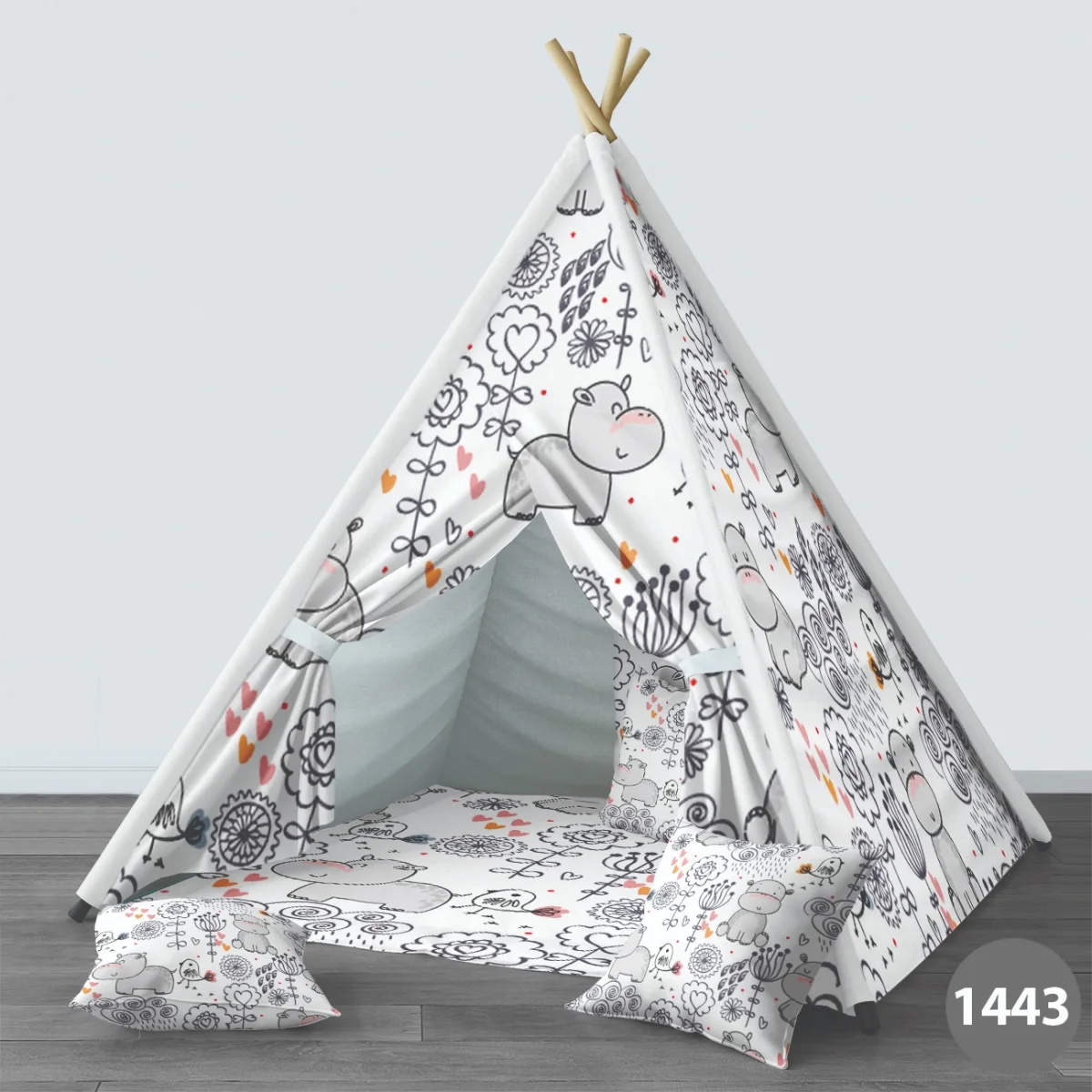 Su Aygırları Çadır Evi | Beyaz Çiçekler, kalpler Desenli