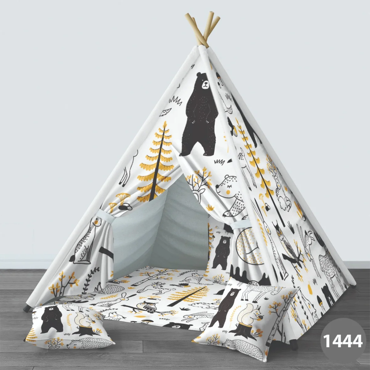 Orman Hayvanları Çadır Evi | Beyaz Ağaçlar, mantarlar Desenli
