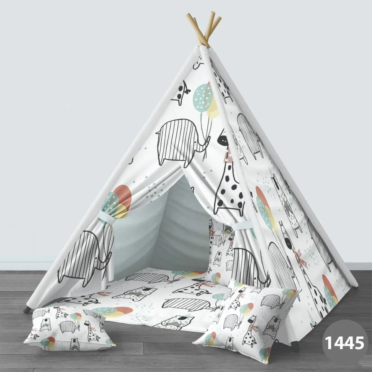 Orman Hayvanları Çadır Evi | Beyaz balonlar, parti şapkaları Desenli