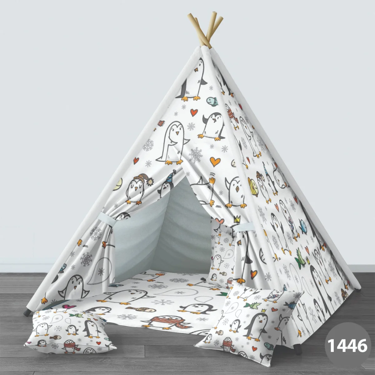 Penguen Çadır Evi | Beyaz Kar taneleri, kalpler Desenli