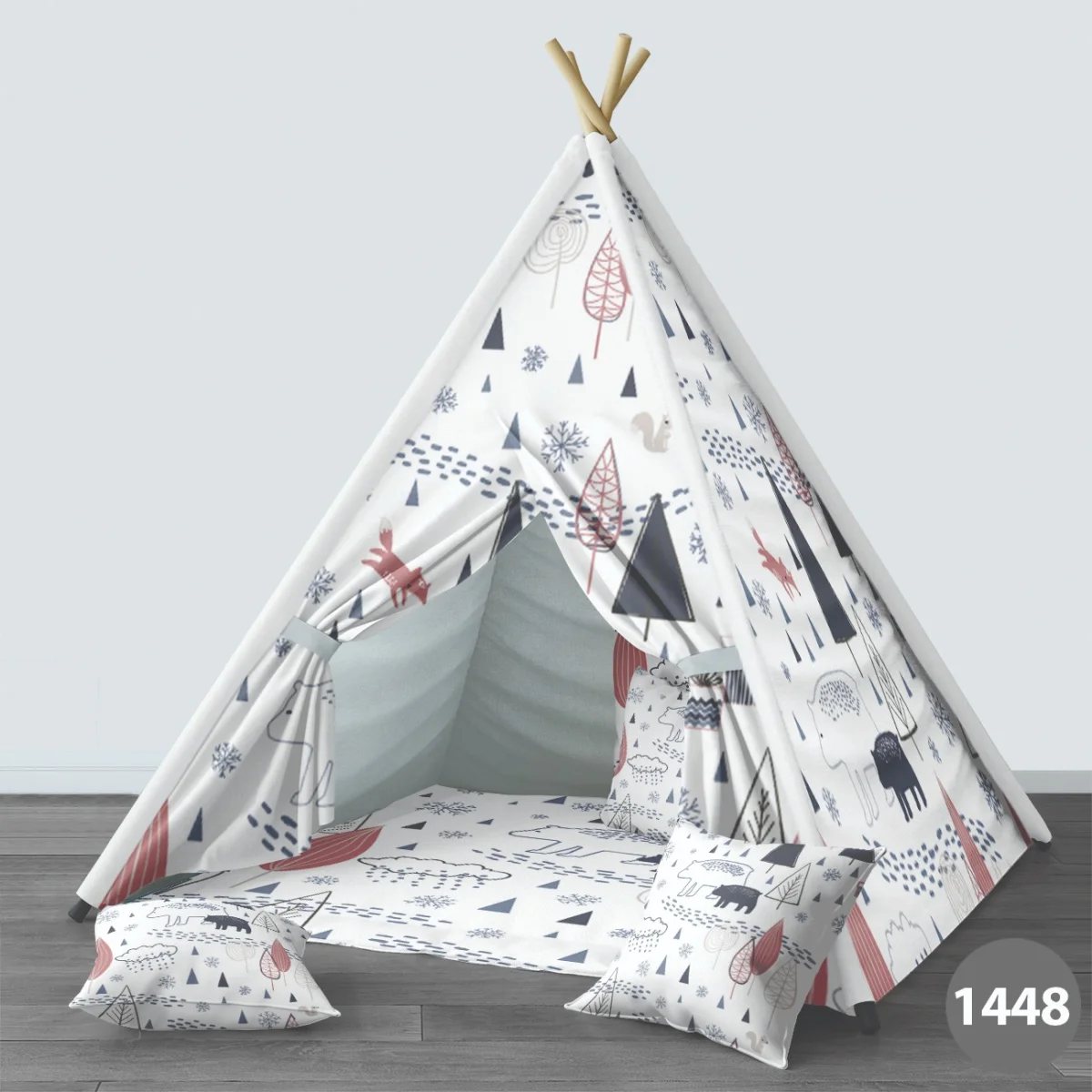 Orman Hayvanları Çadır Evi | Beyaz kar taneleri, ayak izleri Desenli