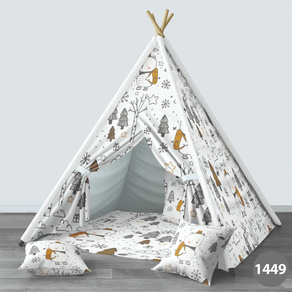 Orman Hayvanları Çadır Evi | Beyaz ağaçlar, kuşlar Desenli