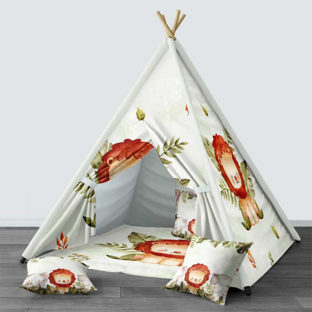 Orman Hayvanları Çadır Evi | Yeşil yapraklar, minik beyaz benekler Desenli