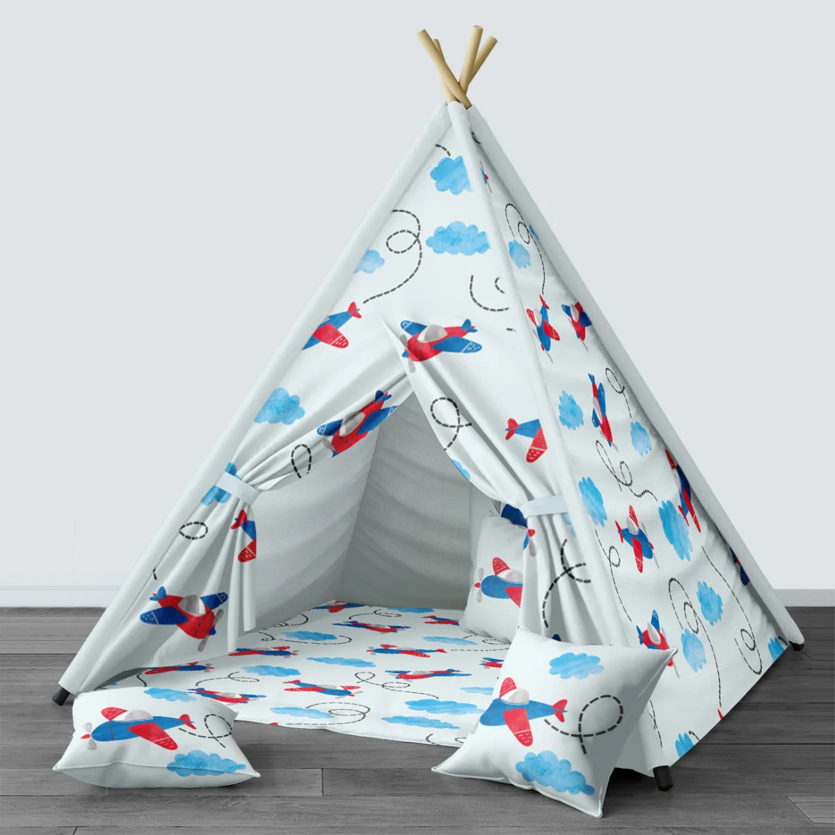 Uçaklar Çadır Evi | Mavi bulutlar, uçak izleri Desenli