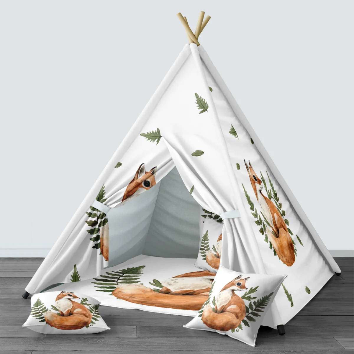 Tilki, Orman Hayvanları Çadır Evi | Beyaz Eğrelti otu, düşen yapraklar Desenli