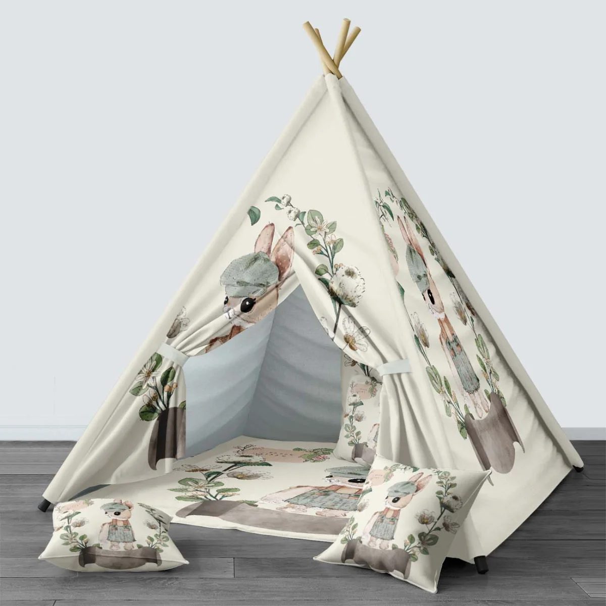Tavşan Çadır Evi | Krem yapraklar, çiçekler Desenli