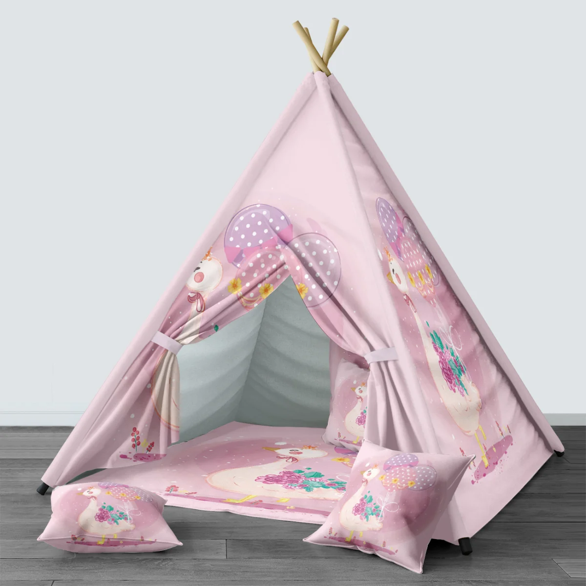 Prenses Kaz Çadır Evi | Pembe balonlar, çiçekler Desenli