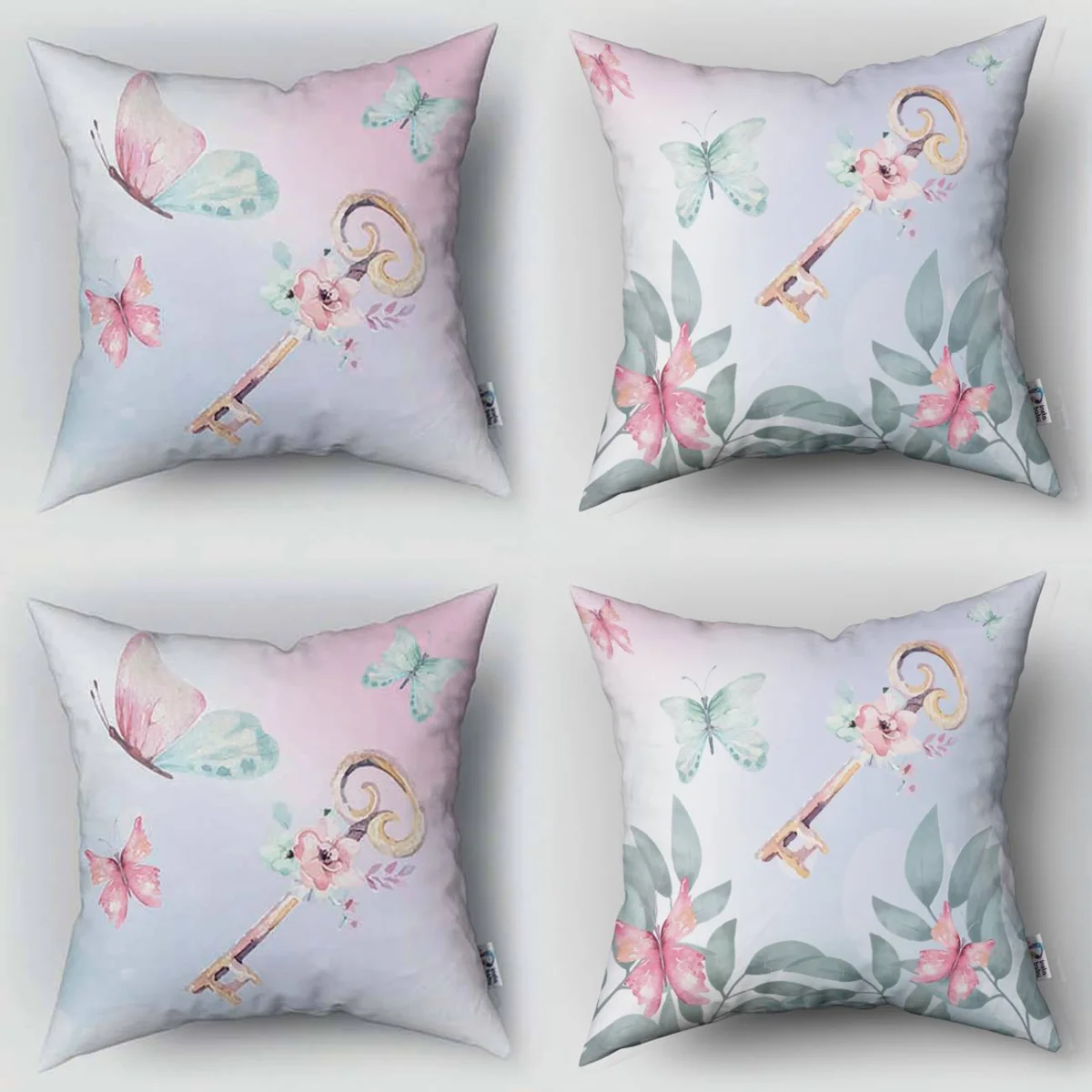 Kelebekler 4lü Kırlent | Pembe Yapraklar, çiçekler Desenli