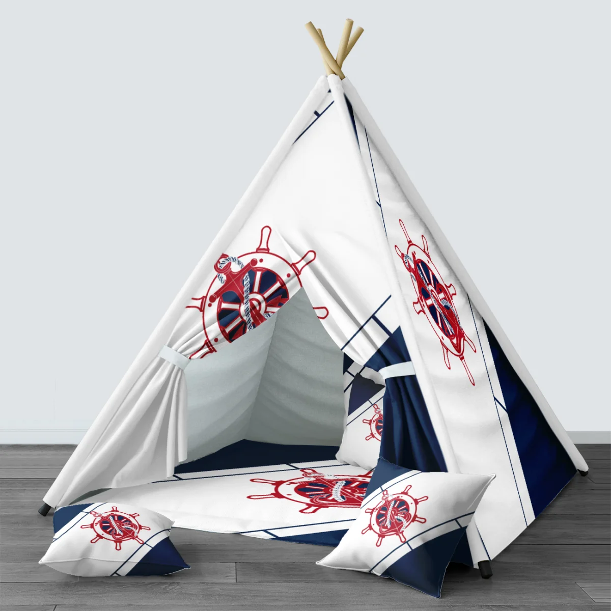 Denizci Çadır Evi | Beyaz Gemi dümeni, çapa Desenli