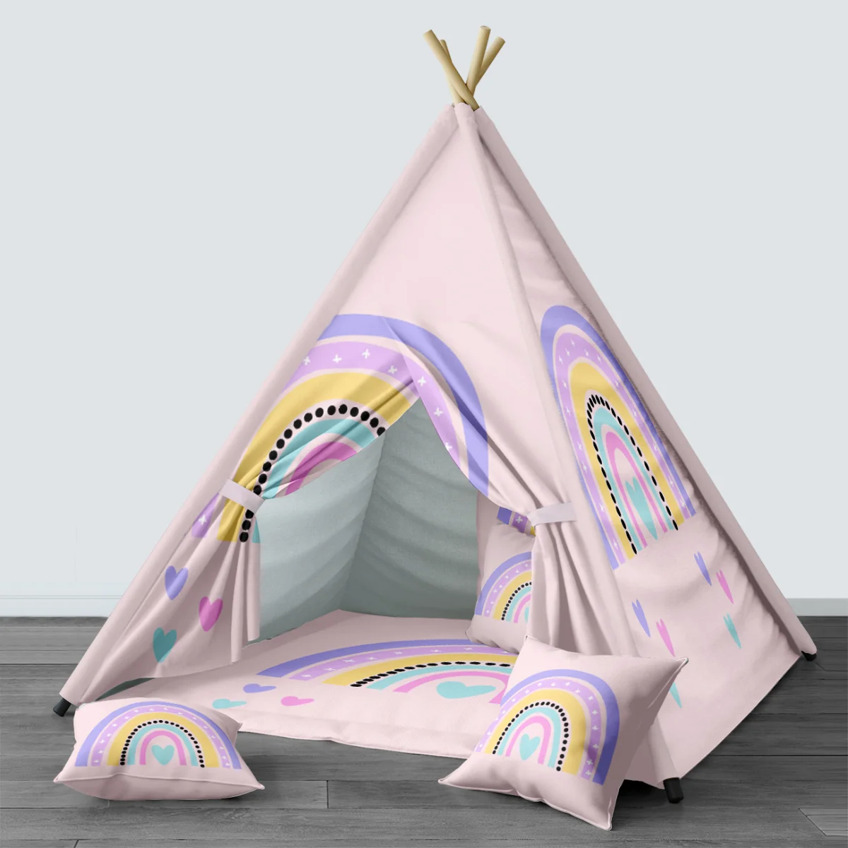 Gökkuşağı Çadır Evi | Pembe gökkuşağı, kalpler Desenli