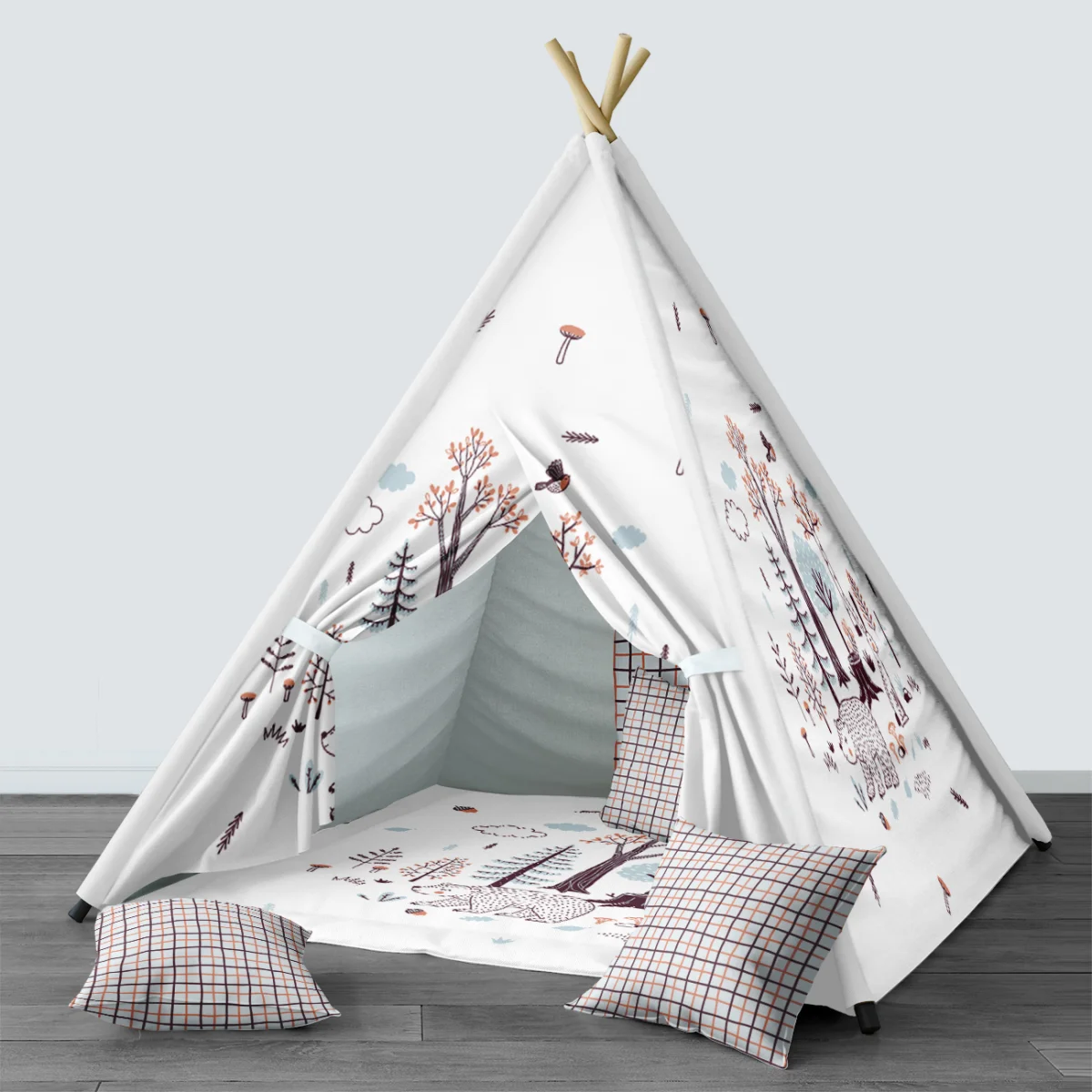 Orman Hayvanları Çadır Evi | Beyaz Ağaçlar, mantarlar Desenli