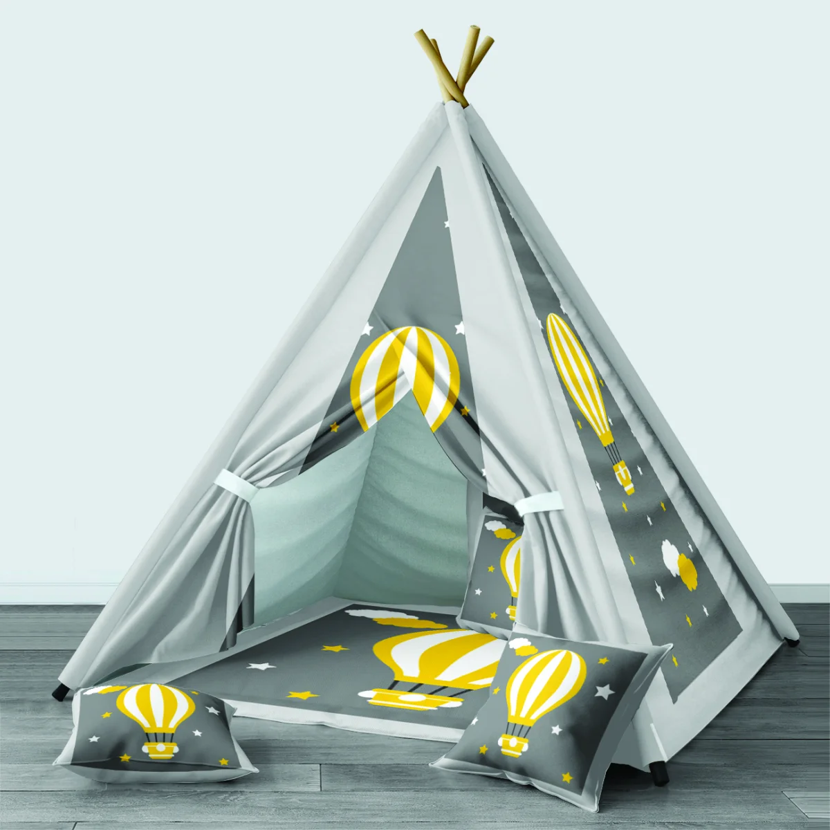 Sıcak hava balonu Çadır Evi | Gri yıldız, bulut Desenli