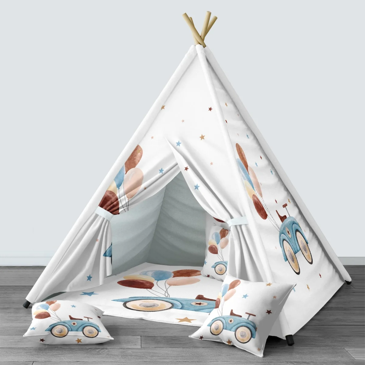 Oyuncak Araba Çadır Evi | Beyaz yıldızlar, balonlar Desenli