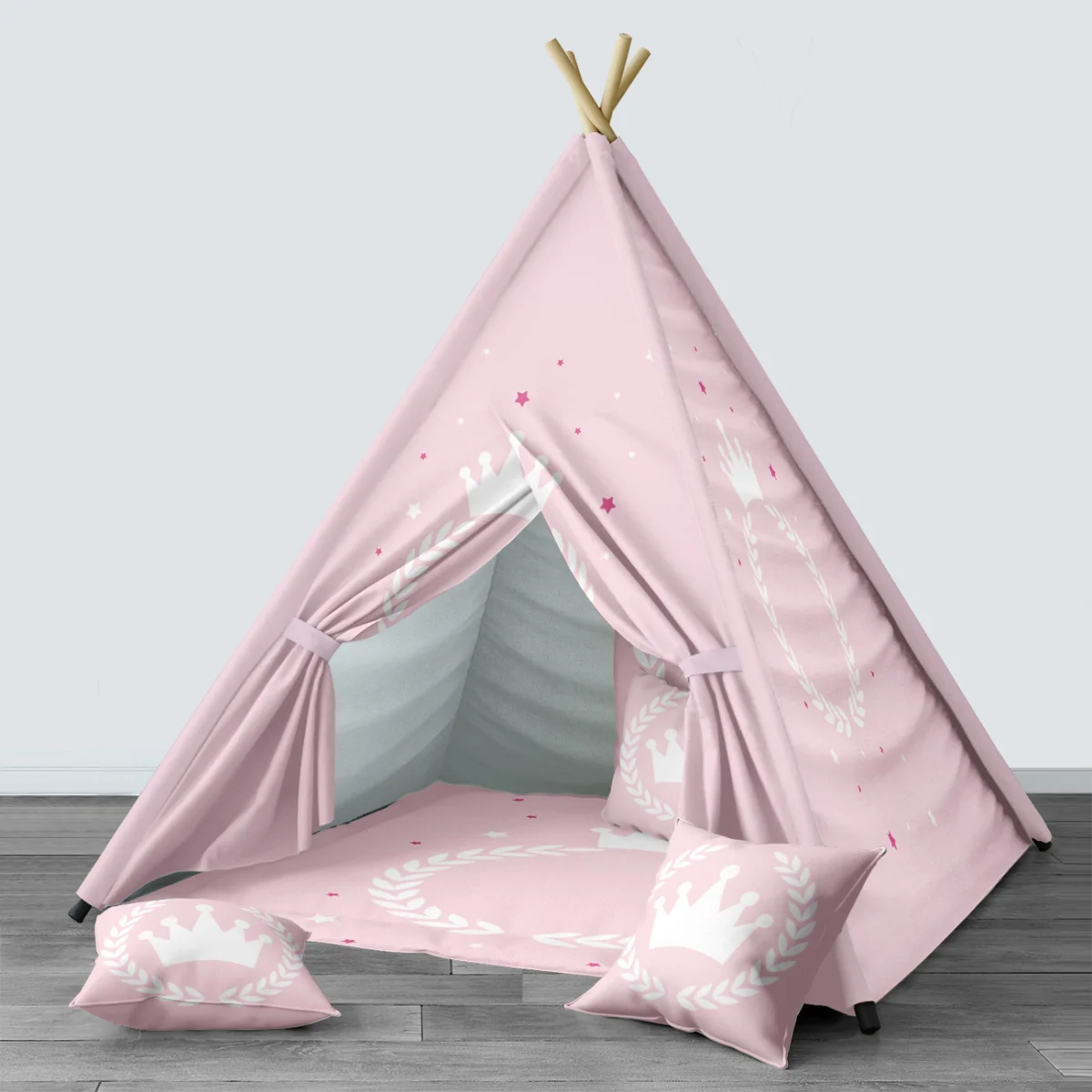 Prenses Çadır Evi | Pembe taç, defne çelengi ve yıldızlar Desenli