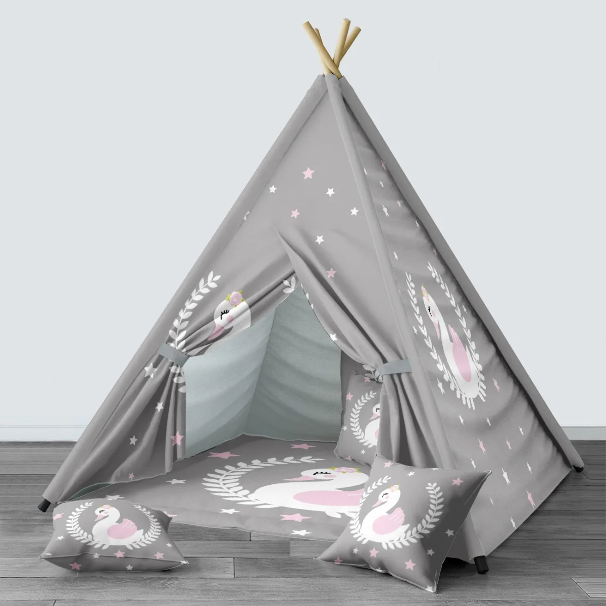 Kuğu Çadır Evi | Gri yıldız, yaprak çelenk Desenli