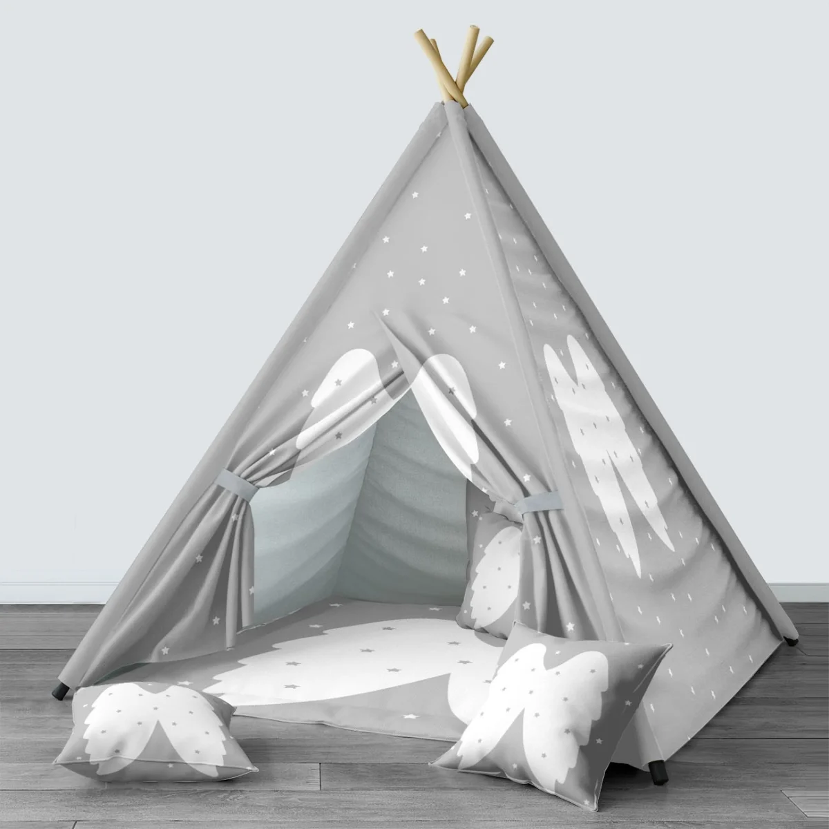 Melek Kanatları Çadır Evi | Gri yıldız Desenli