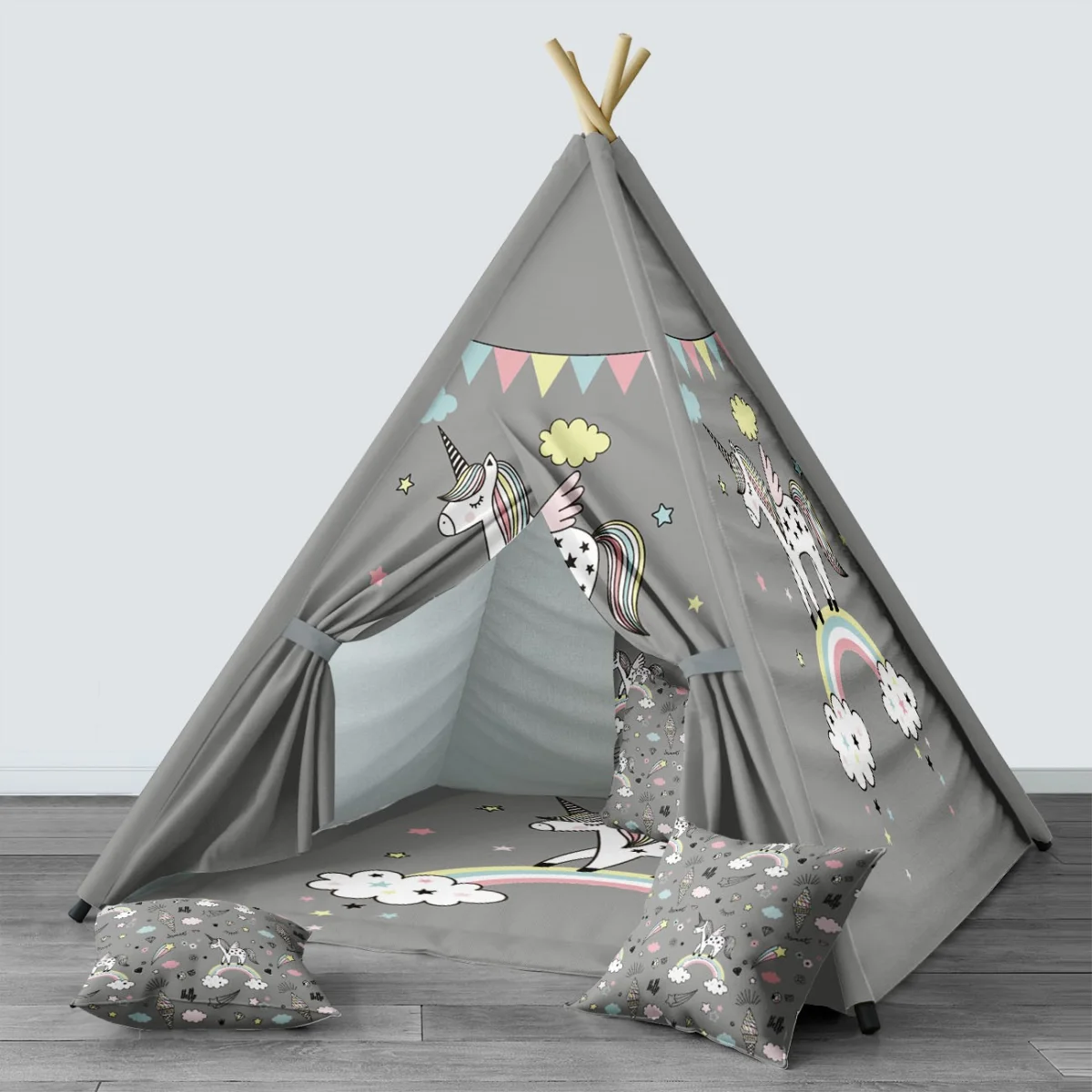 Unicorn Çadır Evi | Gri yıldız, bulut Desenli