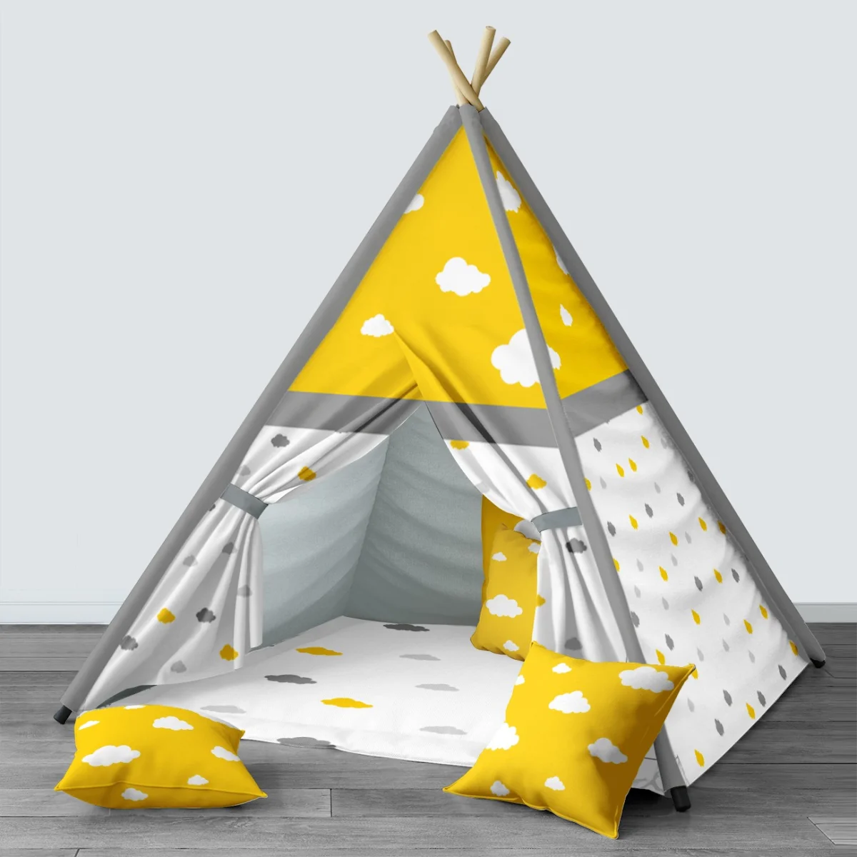 Bulutlar Çadır Evi | Sarı beyaz ve gri bulutlar Desenli
