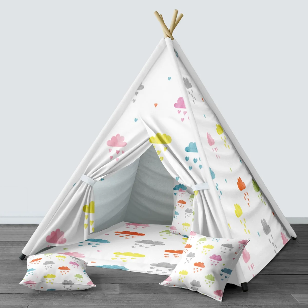 Bulutlar Çadır Evi | Beyaz Renkli bulutlar ve kalp yağmuru Desenli