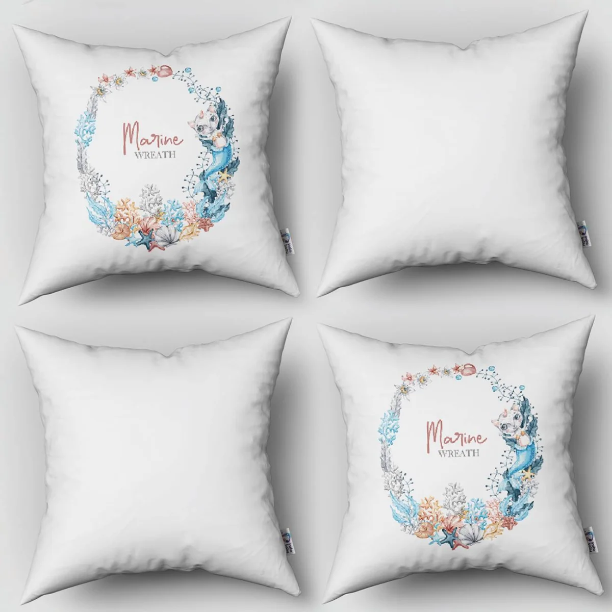 Deniz Kızı Kedi, Marine Çelenk 4lü Kırlent | Beyaz Mercanlar, deniz kabukları Desenli