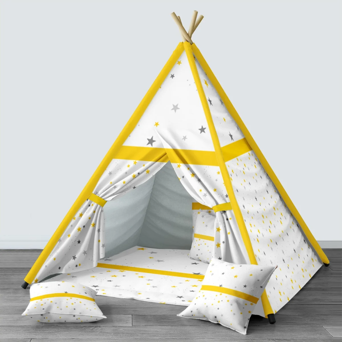 Yıldızlar Çadır Evi | Beyaz sarı ve gri yıldızlar, puantiye Desenli